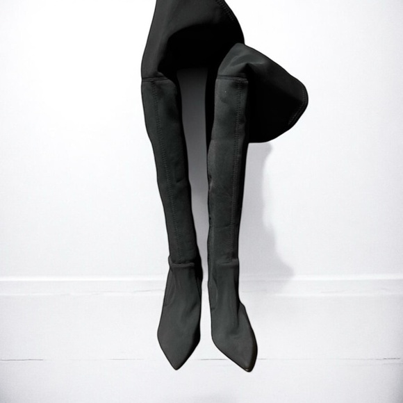 🌻NEW Good American Black Over the Knee High Lace-up Detail Heeled Boots Size 5 - Picture 6 of 9